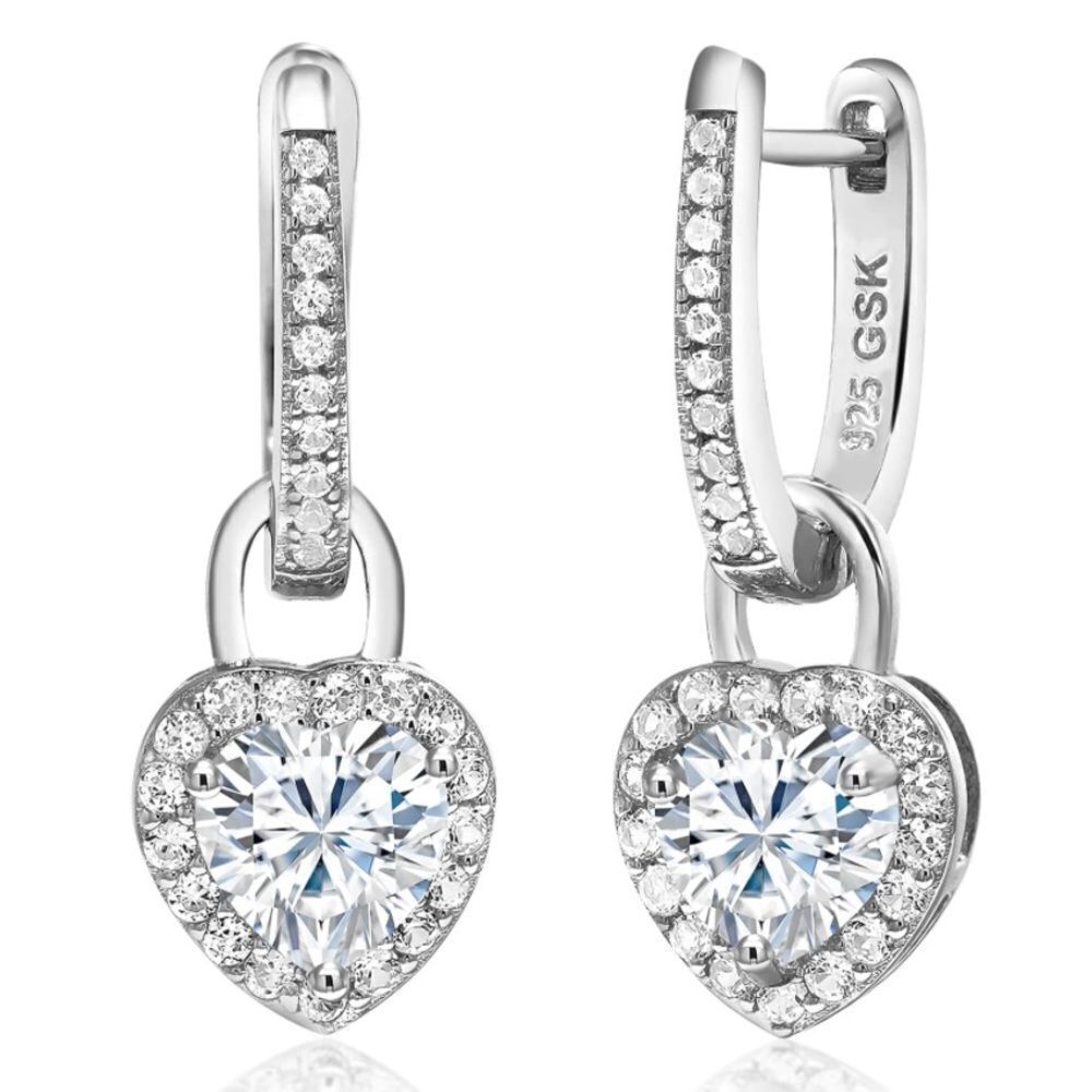 925 Sterling Silver with 2.10 Cttw Moissanite and White Sapphire Heart Earrings